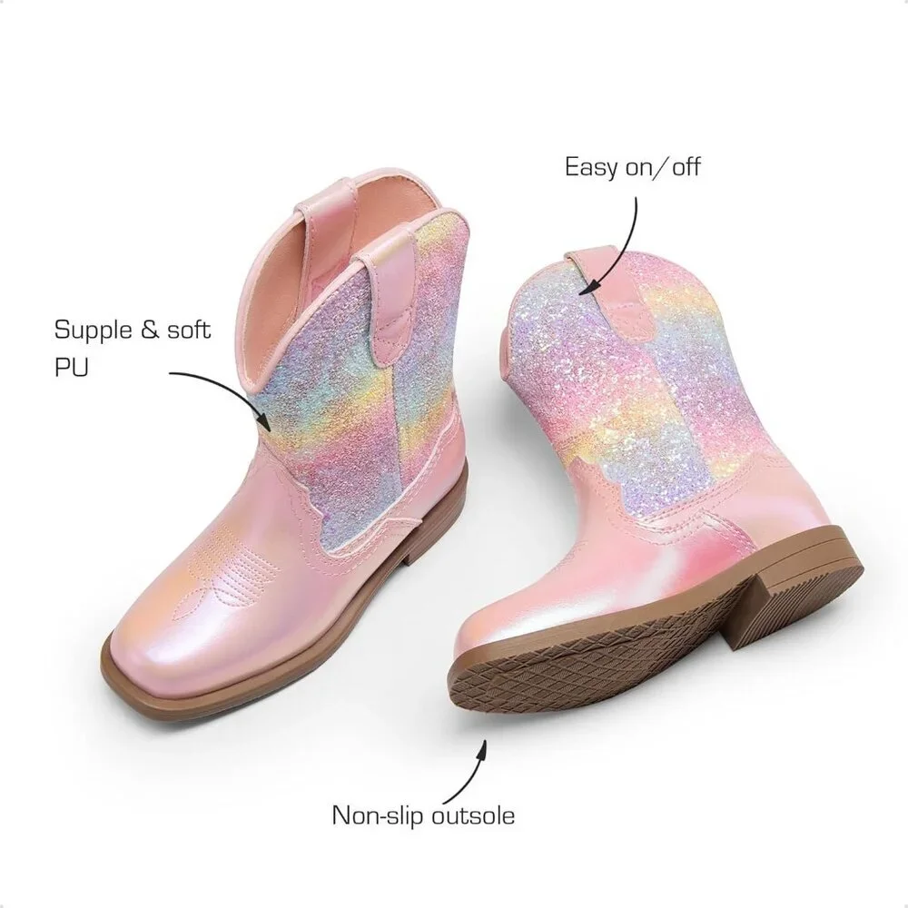 ⚡Girls Pink Rainbow Toddler Cowgirl Boots Western Square Toe Riding Mid Calf